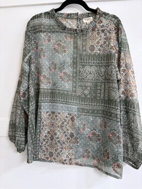 Cost Plus World Market Green Patchwork Floral Blouse